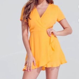 Blue Blush Boutique Blush Wild Tangerines Faux Front Wrap Mini Dress Ruffled Hem